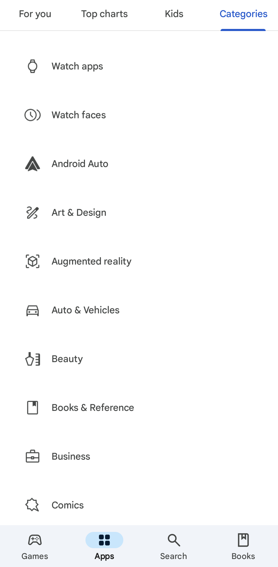 Exemple de catégories Google Play