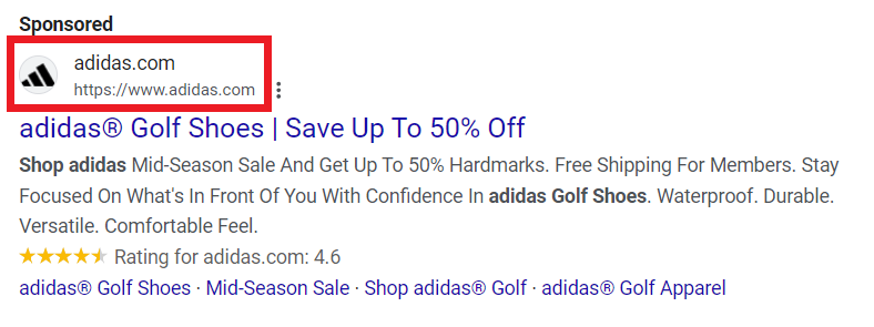 An example of business information assets showing in a Google search ad.