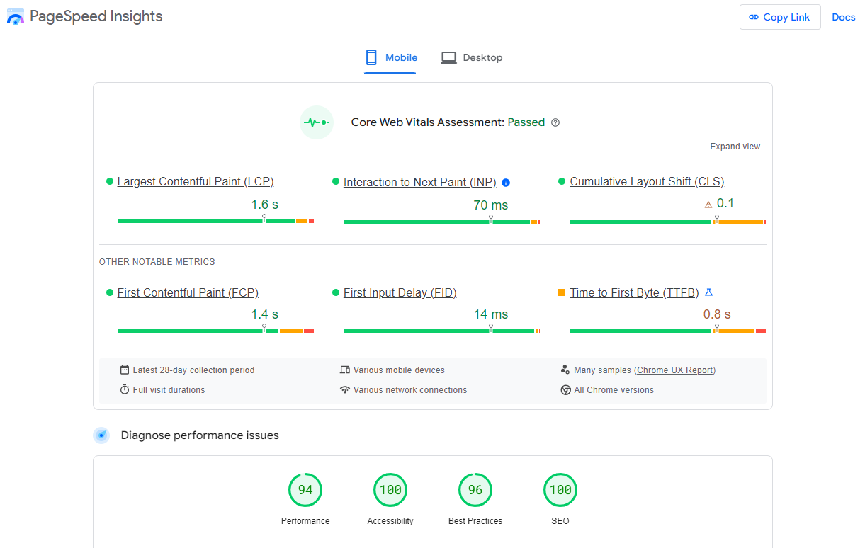 An representation  showing the PageSpeed Insights scores for a website.