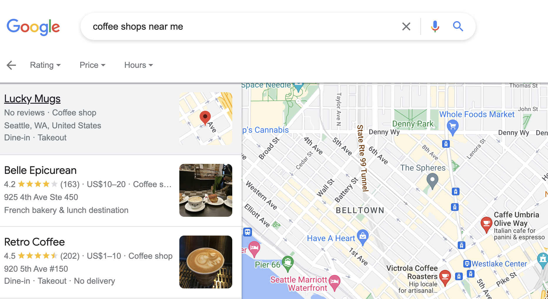 search for [coffee shops near me], Google