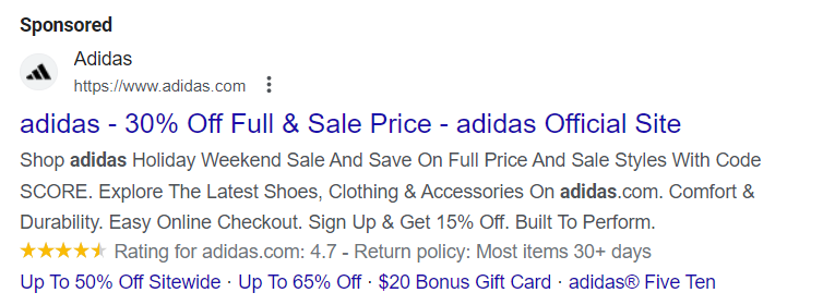 An example of a seller rating asset shown in a Google ad search result.