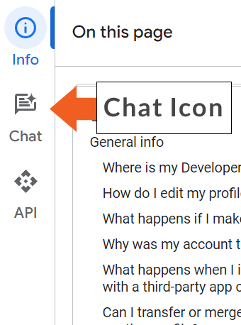 Ícone de conversação do painel lateral para ativar uma conversação numa das páginas de programador do Google