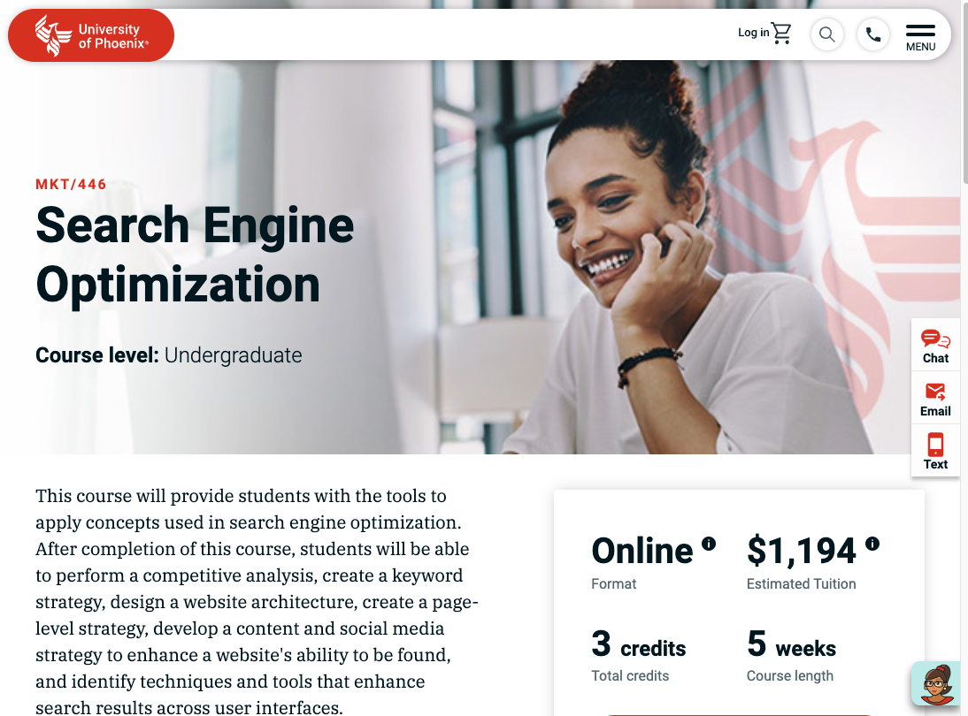 University of Phoenix SEO course