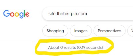Captura de pantalla de Google para [site:thehairpin.com]marzo de 2024