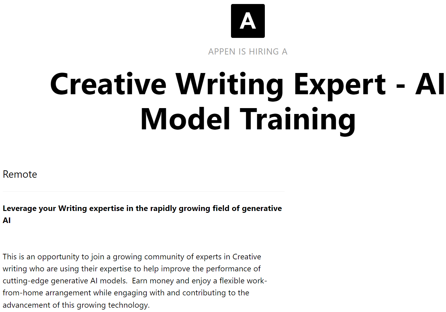 Anuncio de empleo para un experto en escritura creativa en formación de modelos de IA