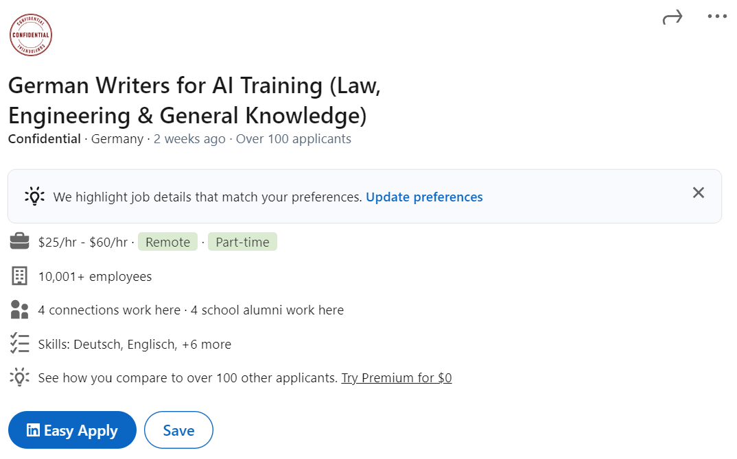 A screenshot of an online job listing for a "German writers & AI content labeling for new wave engineering" position