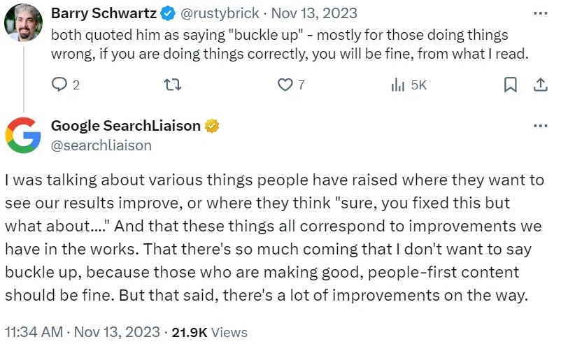 A Twitter screenshot showing a tweet by Barry Schwartz quoting Google's SearchLiaison tweet discussing improvements in search results and ongoing updates.