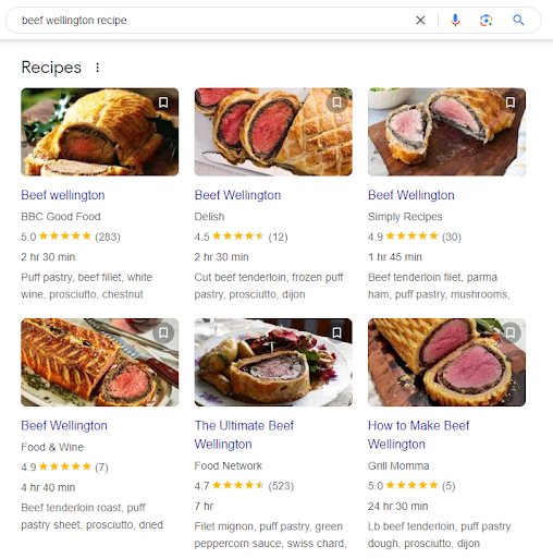 A screenshot of search results for "beef wellington recipe" displaying images of various styles of beef wellington dishes