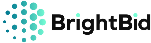 The image shows a stylized text logo that reads "brightbid" in a gradient of turquoise to dark teal colors, suggesting a modern and dynamic brand identity focused on SEO advertising.