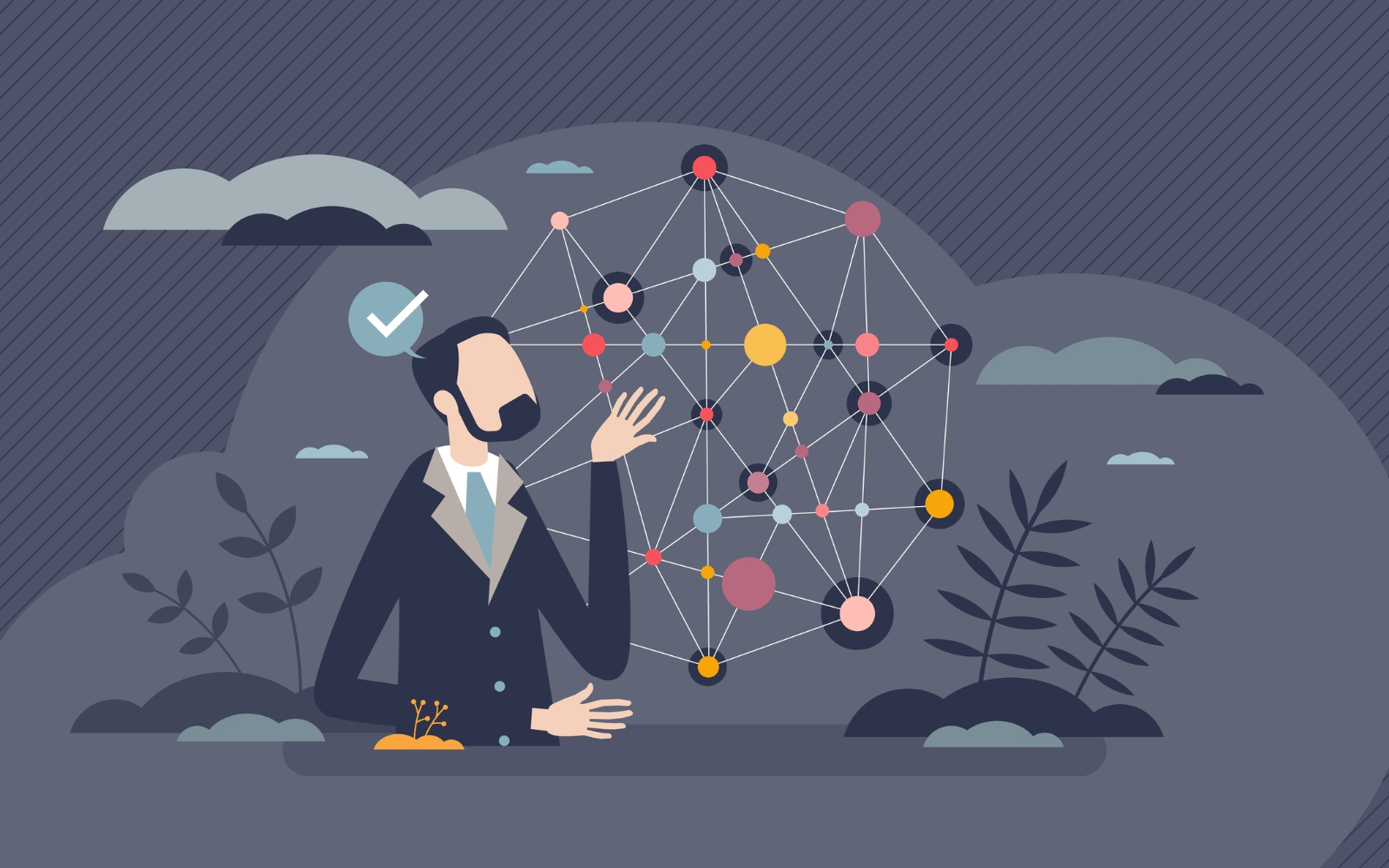 An illustration of a man in a business suit interacting with a floating 3D network of connected nodes, symbolizing SEO strategy and digital technology, set against a stylized outdoor background with clouds and plants
