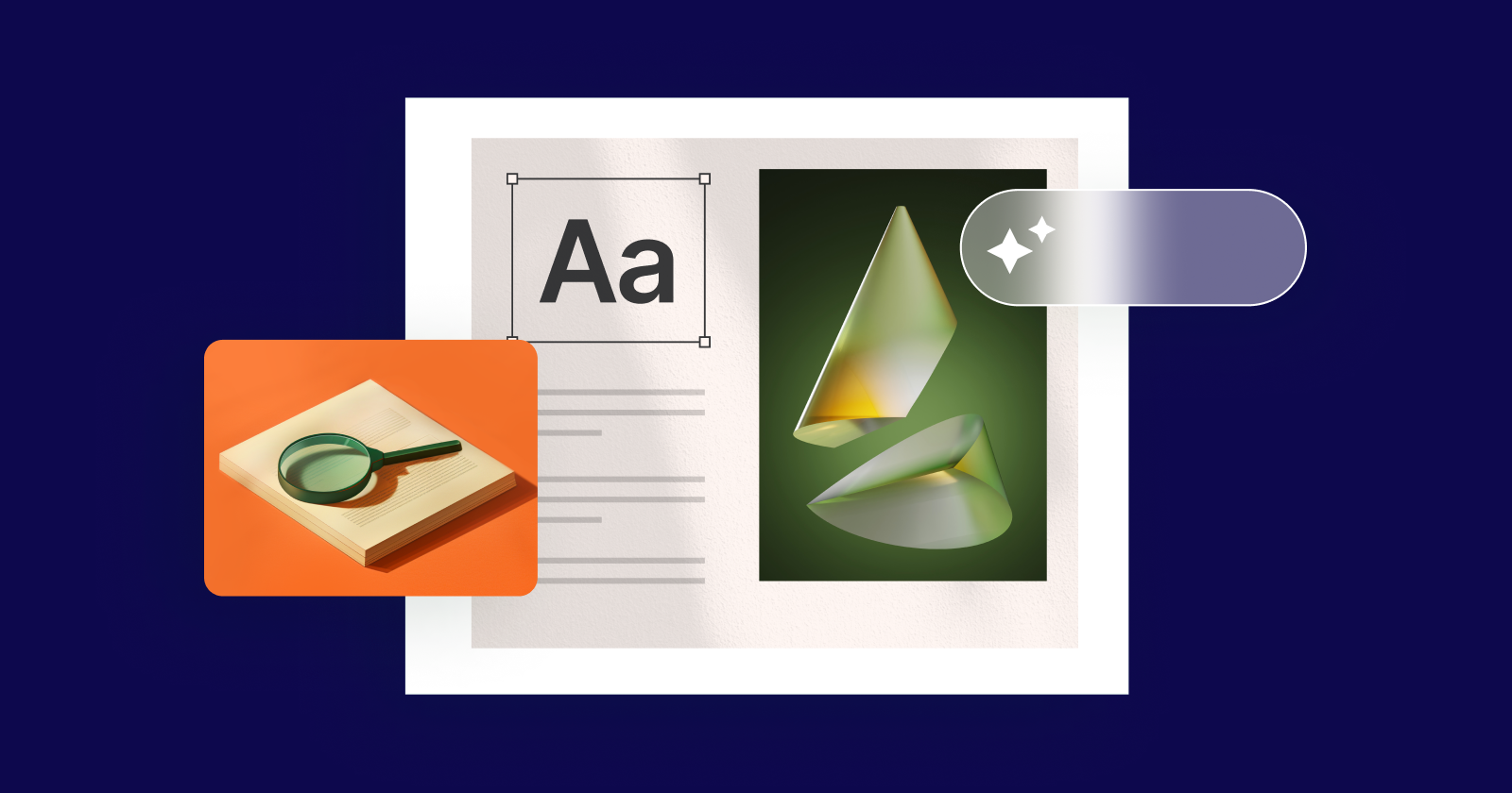 Collage of high-quality graphic design elements including a paper with text and a magnifying glass, a styled letter 'aa,' and 3D geometric shapes on a dark blue background.
