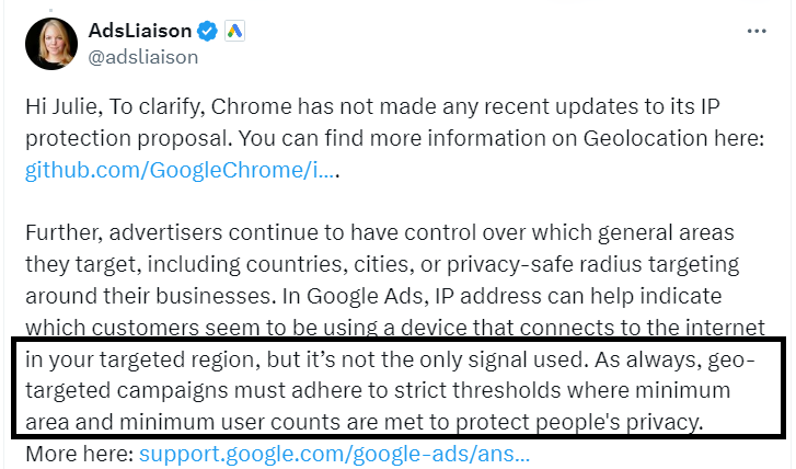 A tweet from @adsliaison addressing Julie, clarifying Chrome's Google Testing IP Proxies and geolocation updates, and discussing advertisers' power  connected  targeting settings, including IP code  usage, with