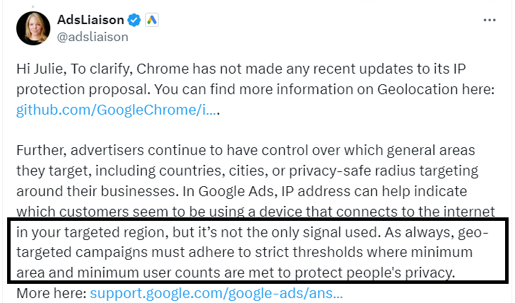 A tweet from @adsliaison addressing Julie, clarifying Chrome's Google Testing IP Proxies and geolocation updates, and discussing advertisers' control on targeting settings, including IP address usage, with