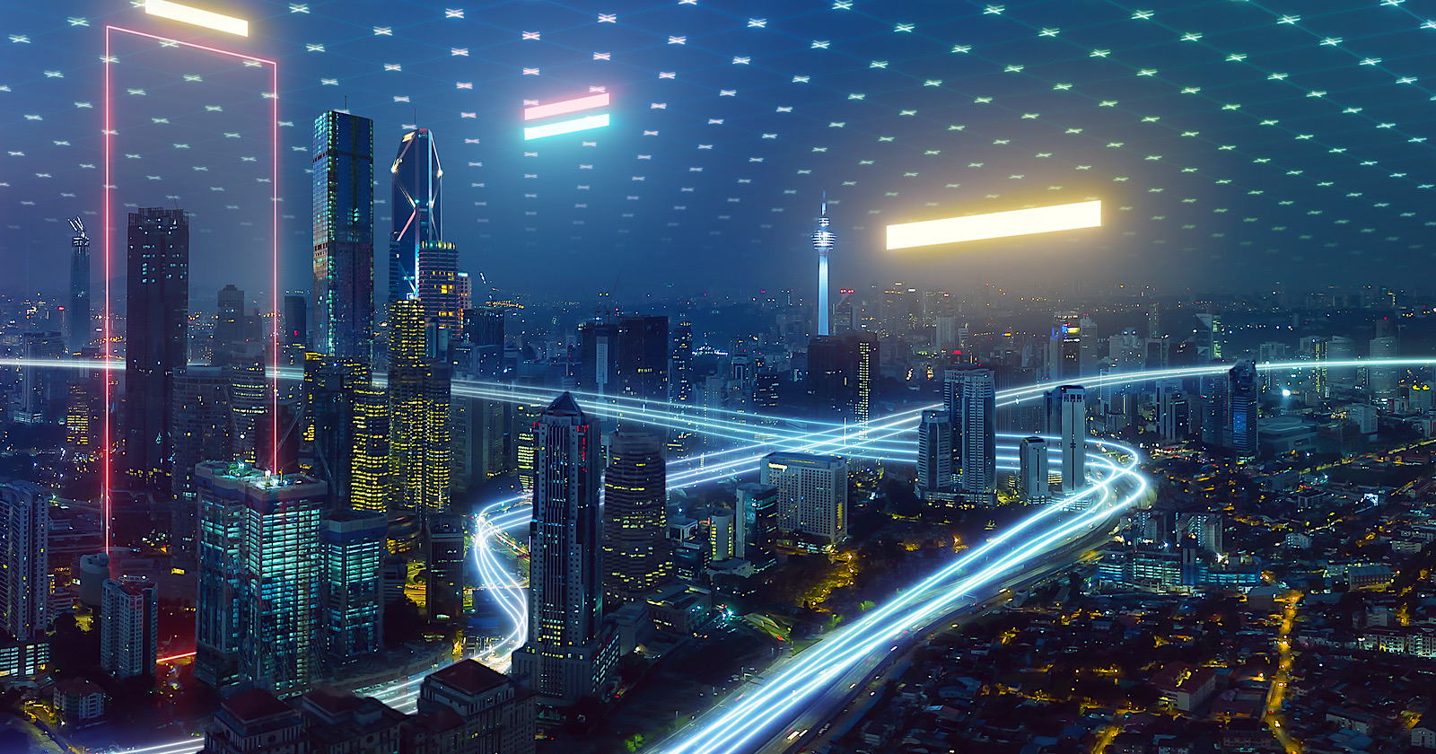 Smart city and abstract polygon pattern connection with speed line light, big data connection technology concept .