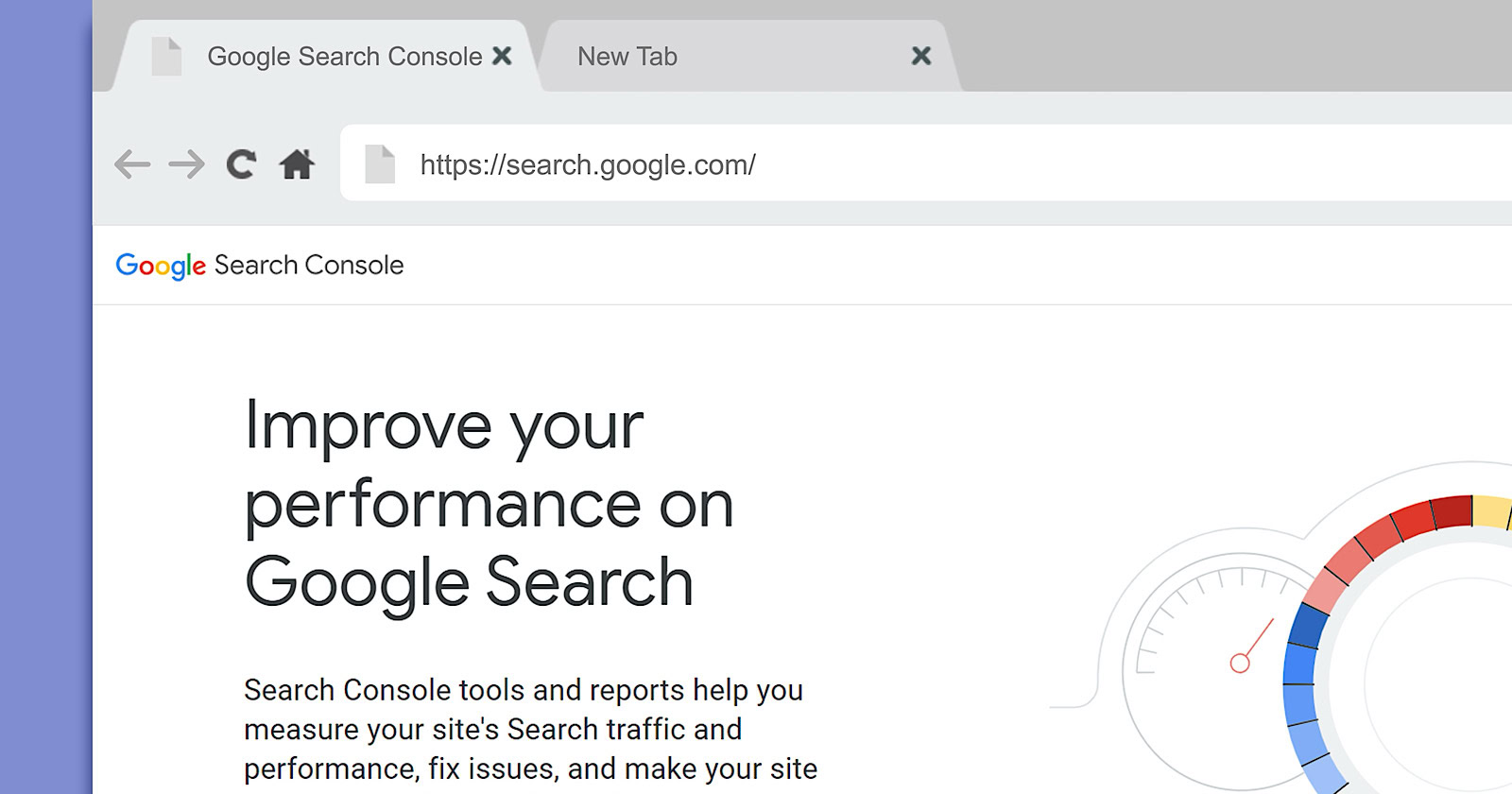Screenshot of the Google Search Console homepage viewed on a web browser, displaying text "improve your performance on Google Search" and including a speedometer graphic.