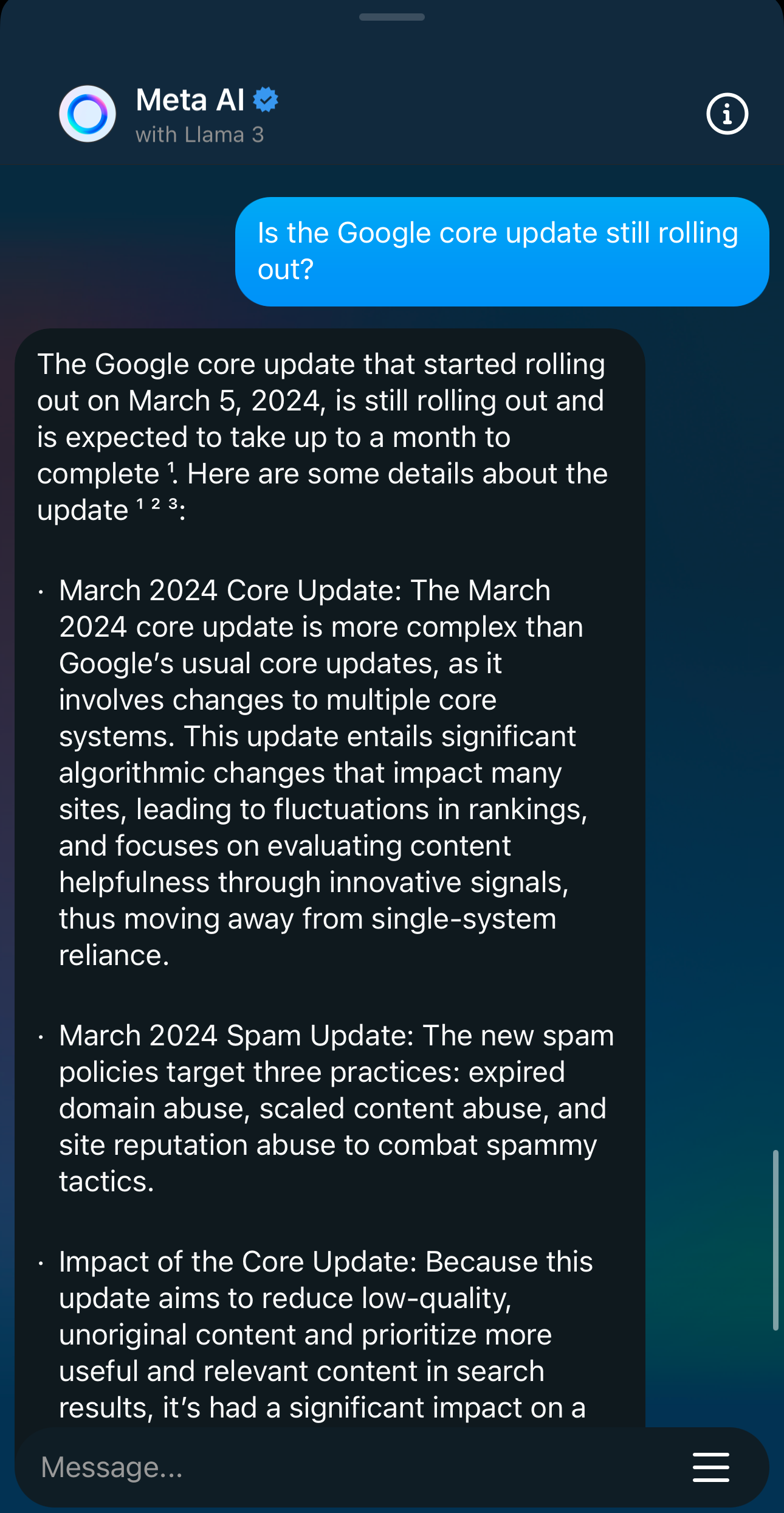 Screenshot of a smartphone displaying a notification from Meta AI about the Google core update. The message details the update's gradual rollout, its focus on improving spam protections, and enhancing content quality in Google & Bing