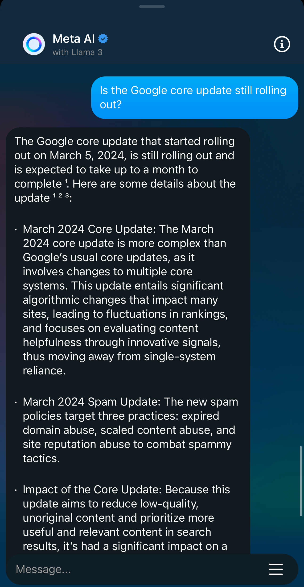 Screenshot of a smartphone displaying a notification from Meta AI astir  the Google halfway   update. The connection   details the update's gradual rollout, its absorption   connected  improving spam protections, and enhancing contented  prime   successful  Google & Bing