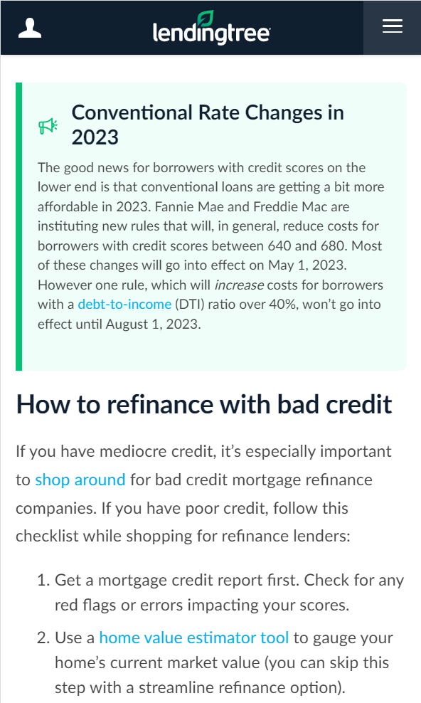A mobile screenshot of a LendingTree article titled "Conventional Loan Credit Score Changes in 2023."