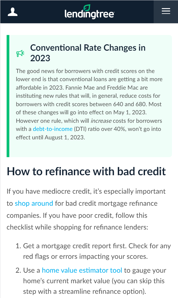 A mobile screenshot of a LendingTree article titled 