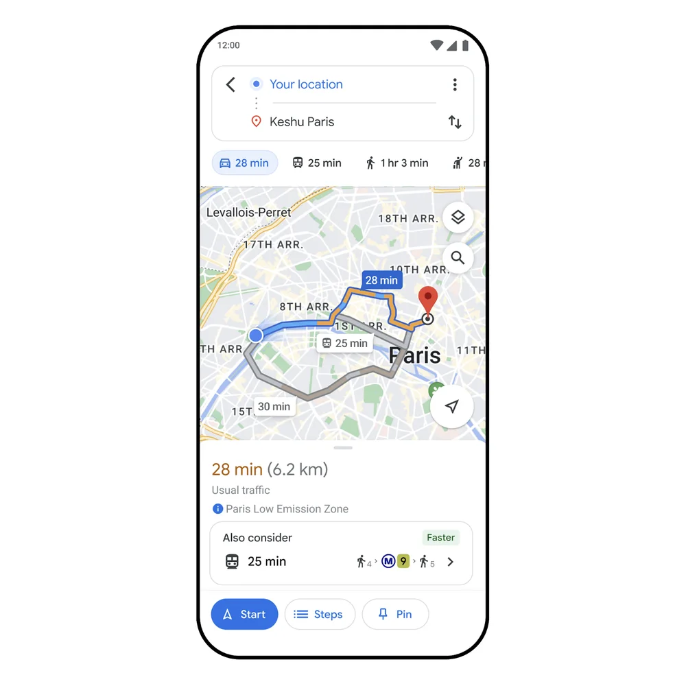 Một chiếc điện thoại thông minh hiển thị đường dẫn Google Maps tập trung ở Paris, với một số lộ trình đi lại xanh hơn và thời gian ước lượng đến điểm đến được đánh dấu trên màn hình.