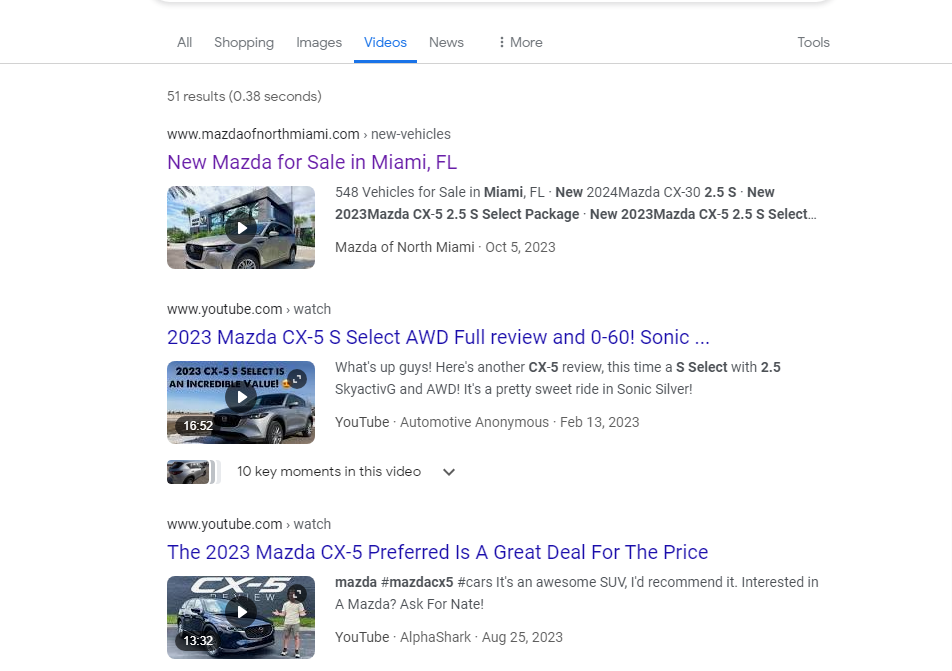 New Mazda for sale Google SERP