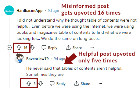 Screenshot of a misinformed post in the r/SEO subreddit getting more upvotes than a high quality post