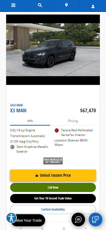 BMW 2024 a la venta, vista móvil del sitio web