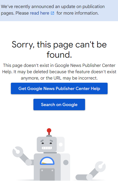 Screenshot of 404 page not found displayed in publisher center help page