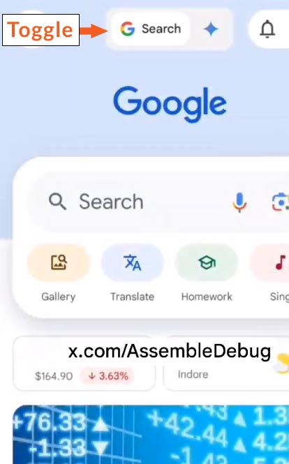 A screenshot highlighting the 'toggle' button in a user interface with a red arrow pointing towards it, with a google search bar visible in the background and a snippet of a finance-related application at the bottom.