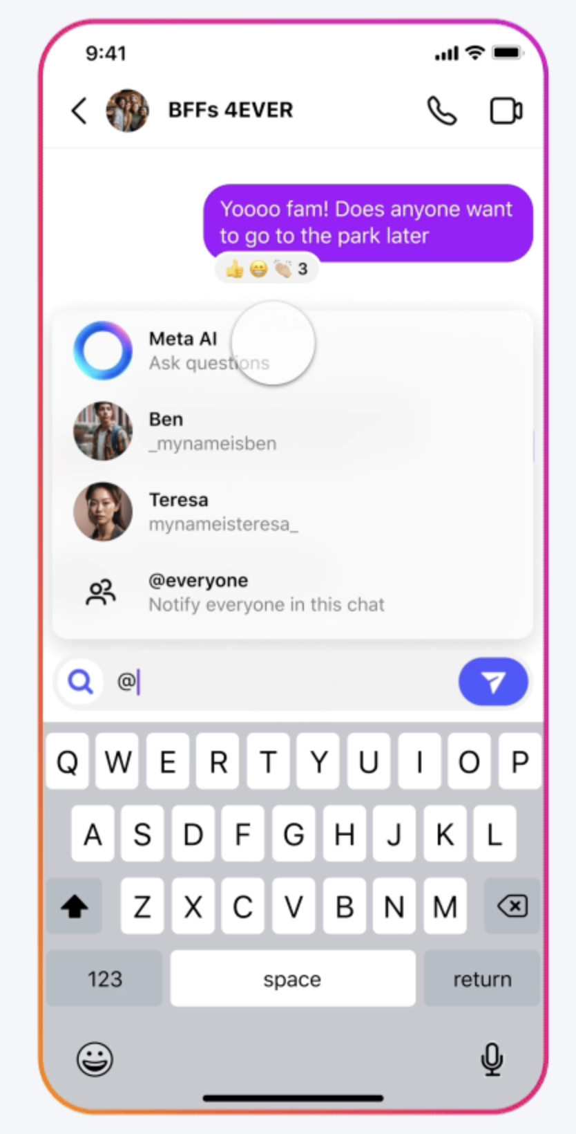 A screenshot of a smartphone messaging app named "bffs 4ever" integrated with AI Assistant, featuring a text message that reads, "yoooo fam! does anyone want to go to the park