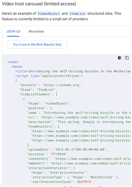 Screenshot of a webpage featuring a videoobject json-ld structured data example. the text and code snippets are clearly visible, intended to explain how to implement structured data for a video about self-driving bicycles.