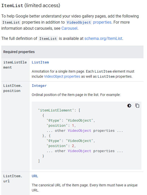 Ảnh chụp màn hình của một trang hướng dẫn lập trình hiển thị ví dụ mã code json để thêm đối tượng video vào danh sách mục.