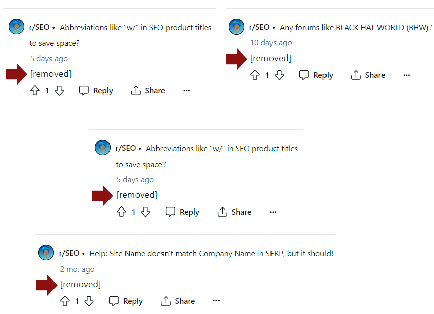 Image composite de quatre publications supprimées du subreddit r/SEO