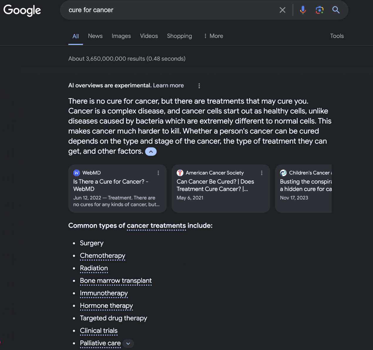 The representation  shows a Google hunt  results leafage   for the query "cancer treatments" 