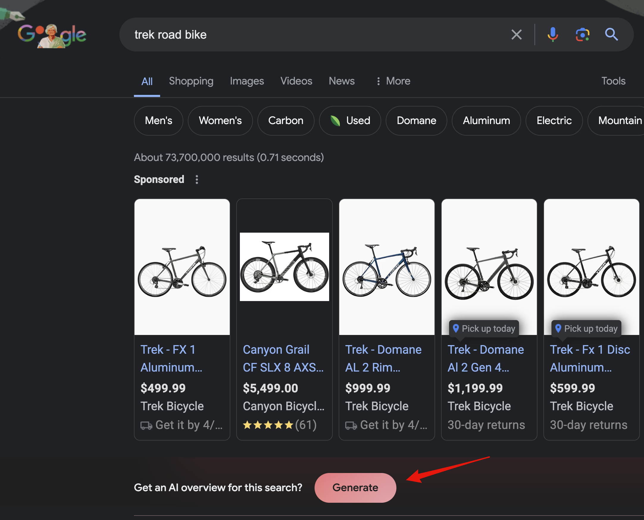 Screenshot of a Google SGE hunt  results leafage   for "trek bike," displaying assorted  models of trek bicycles disposable  for purchase, with terms  accusation  and lawsuit    ratings. A reddish  arrow points to the "generate