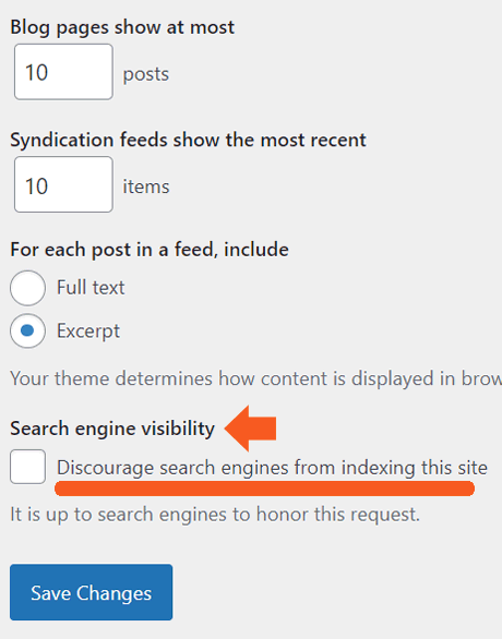 An image of a WordPress settings interface with options for a website, including blog pagination and search engine visibility, with an arrow pointing to the option "discourage search engines from indexing this site.