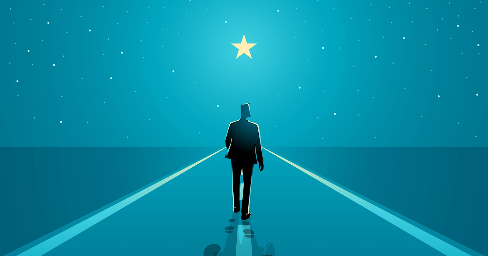 Man walks on the boundless road to the bright star, success journey, long journey starts with one step