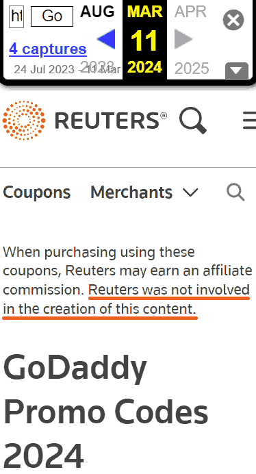 Screenshot of Reuters' erstwhile   disclaimer that disavows engagement  successful  3rd  enactment      coupon content