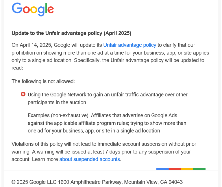 Google email to advertisers about Unfair Advantage policy update.