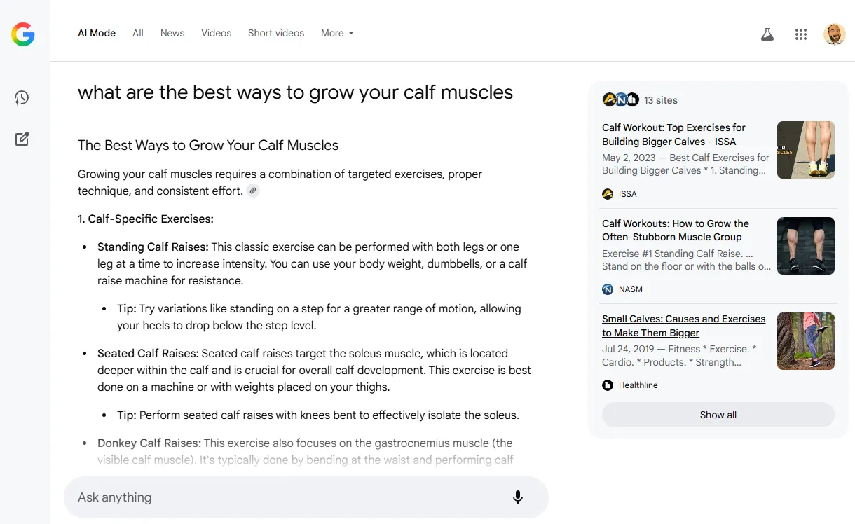 Google AI Mode answer for the question “what are the best ways to grow your calf muscles”