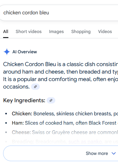Image shows the keyword phrase "chicken cordon bleu" triggering an AI Overview response.