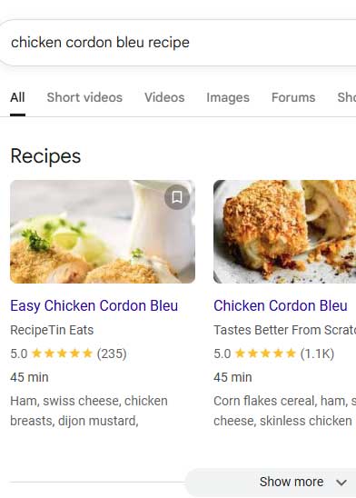 Image shows keyword phrase "chicken cordon bleu recipe" triggering the normal recipe rich results.