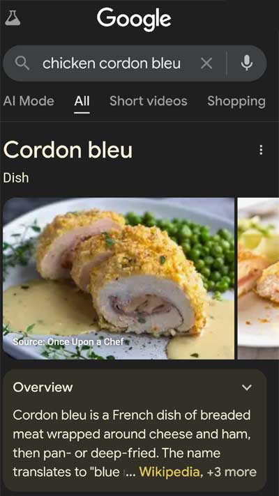 Image showing that the keyword phrase "chicken cordon bleu" does not trigger an AI Overview result. It triggers a rich result featuring Wikipedia.