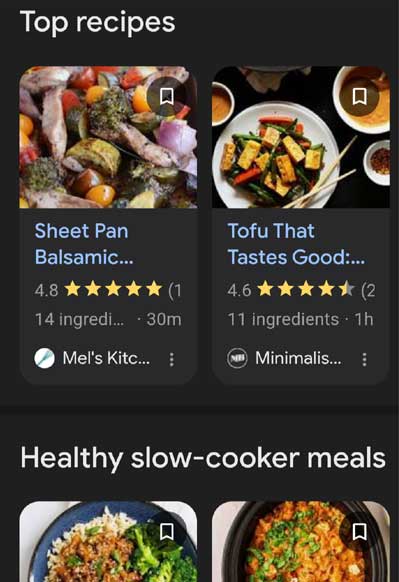 Screenshot shows a normal "Top Recipes" rich results triggered on a mobile device.