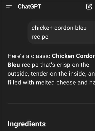 Screenshot shows a query for "chicken cordon bleu recipe" in ChatGPT triggers a recipe and not a search result.