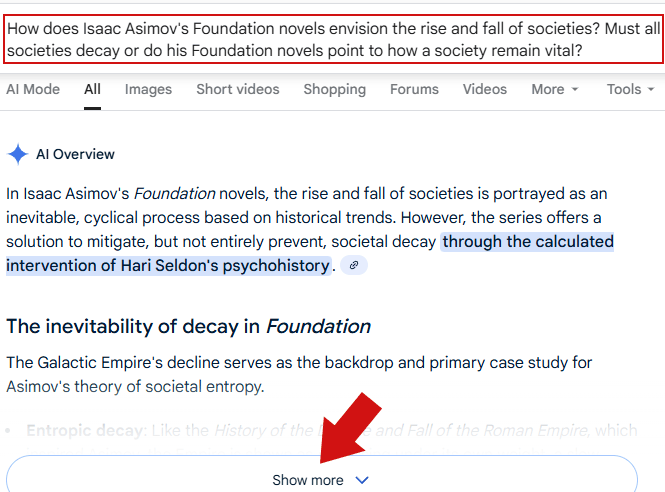 Screenshot showing how a complex two sentence query automatically triggers an AI Mode preview.