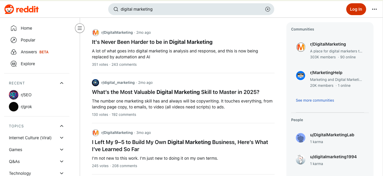 8 alternativas do LinkedIn para networking profissional 8 Pesquise (marketing digital) no Reddit