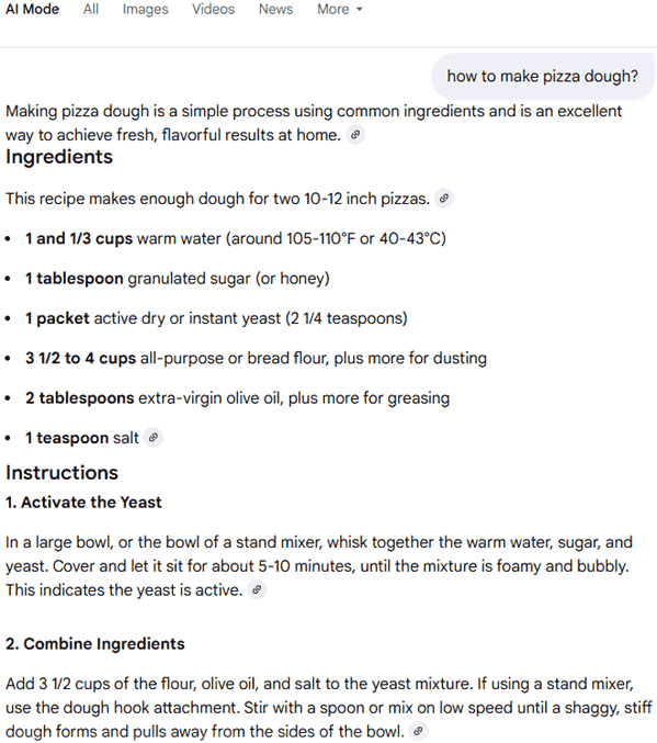 Screenshot of AI Mode answer for query "how to make pizza dough?"